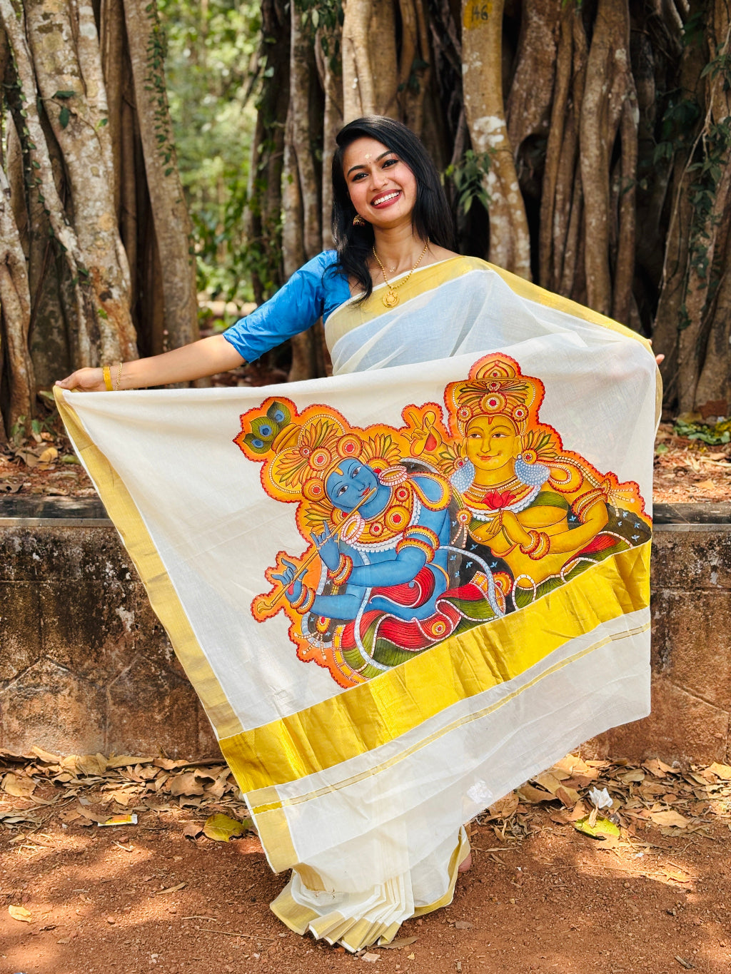 Krishna Radha Mural Painting Kerala Saree