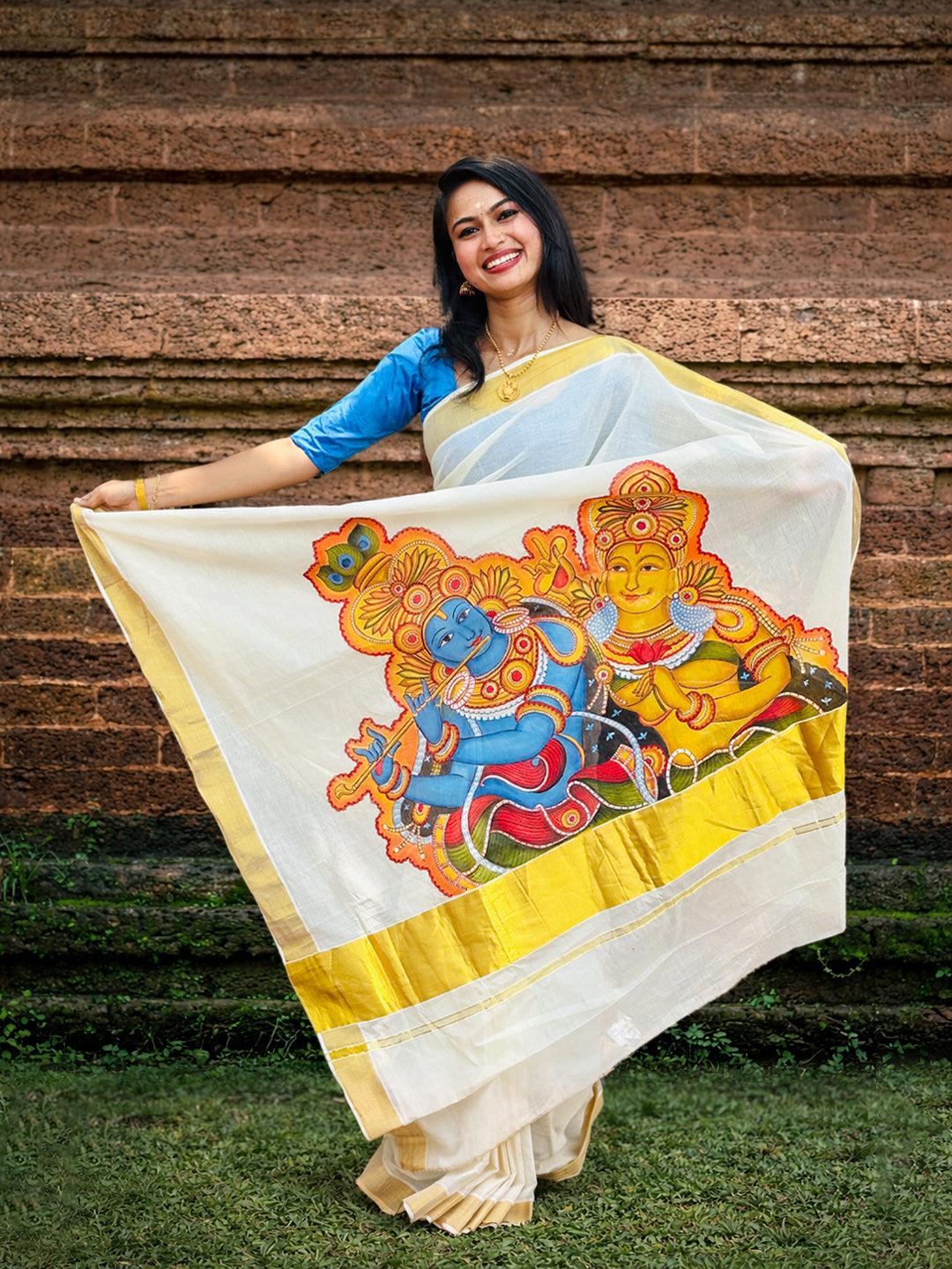 Krishna Radha Kerala Mural Hand-Painted Cotton Saree