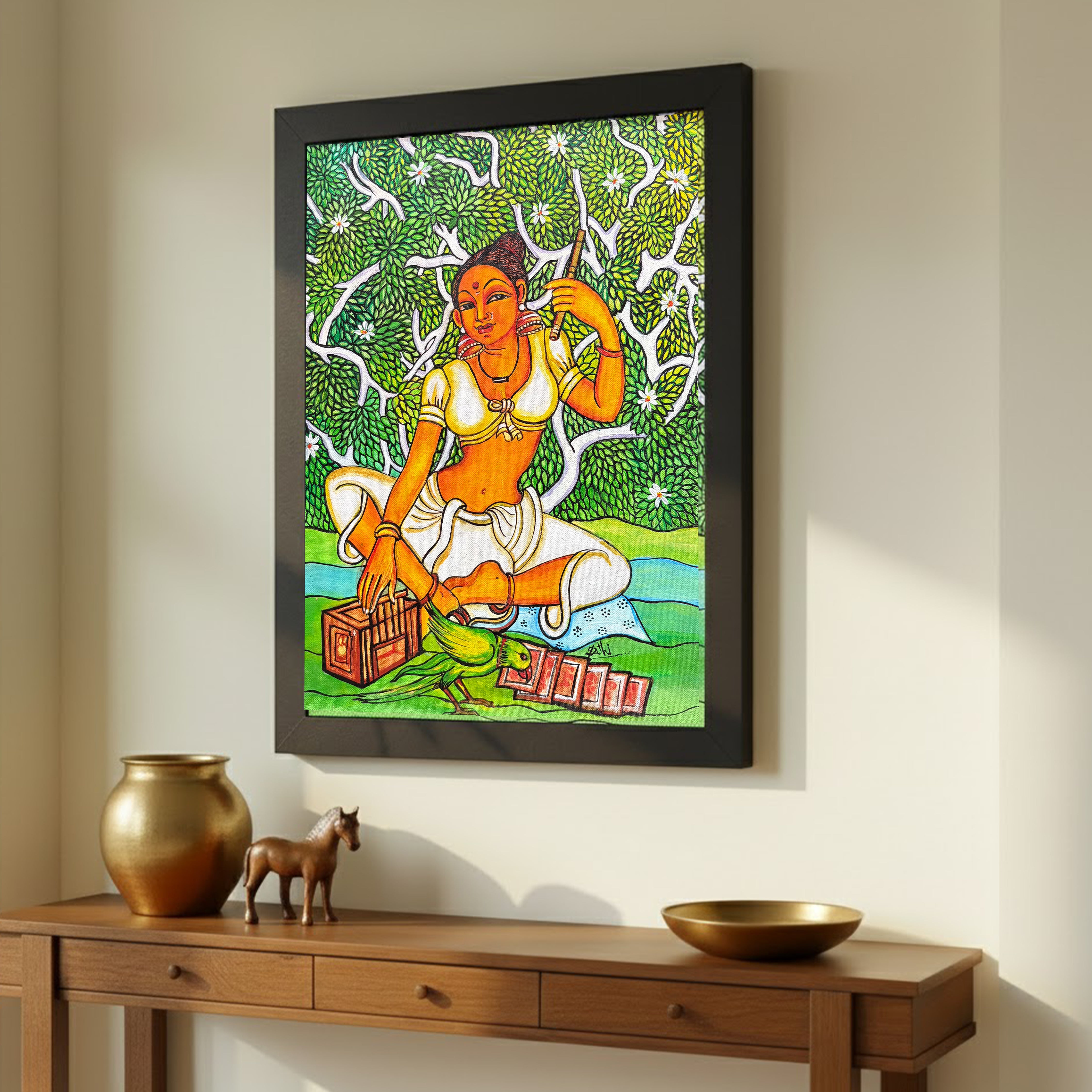 The Parrot and the Maiden - Kerala Mural Painting