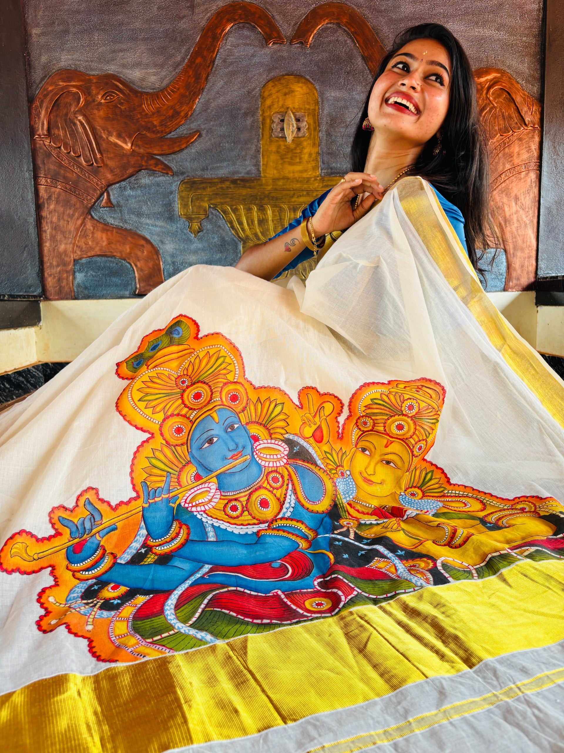 Krishna Radha Kerala Mural Hand-Painted Cotton Saree