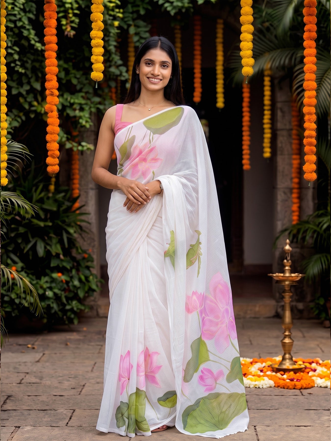 Lotus Bloom Hand Painted Shirt and Saree Couple Combo