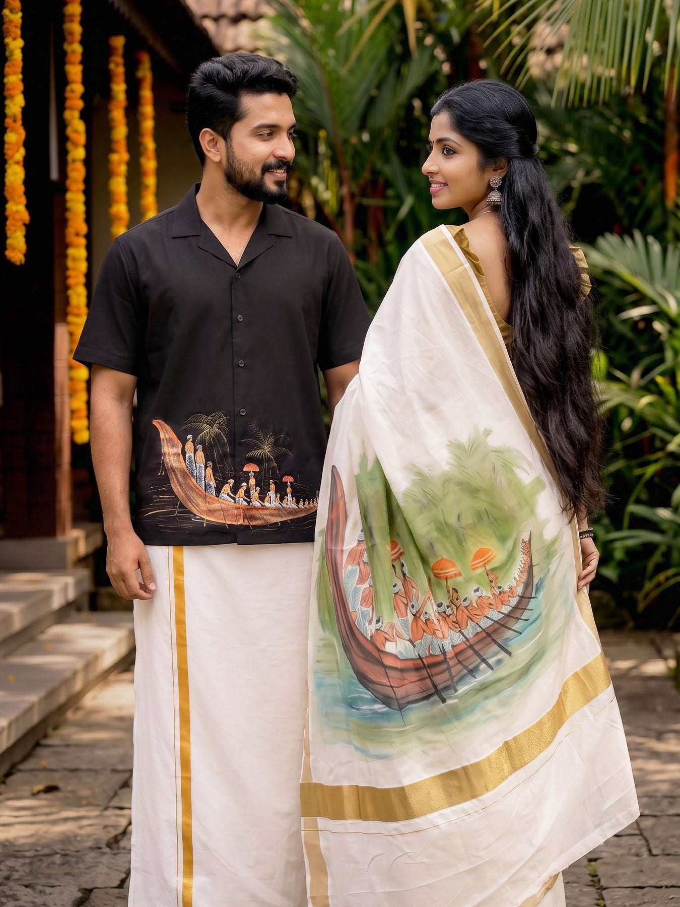 Vallam Kali Hand Painted Shirt and Saree Couple Combo