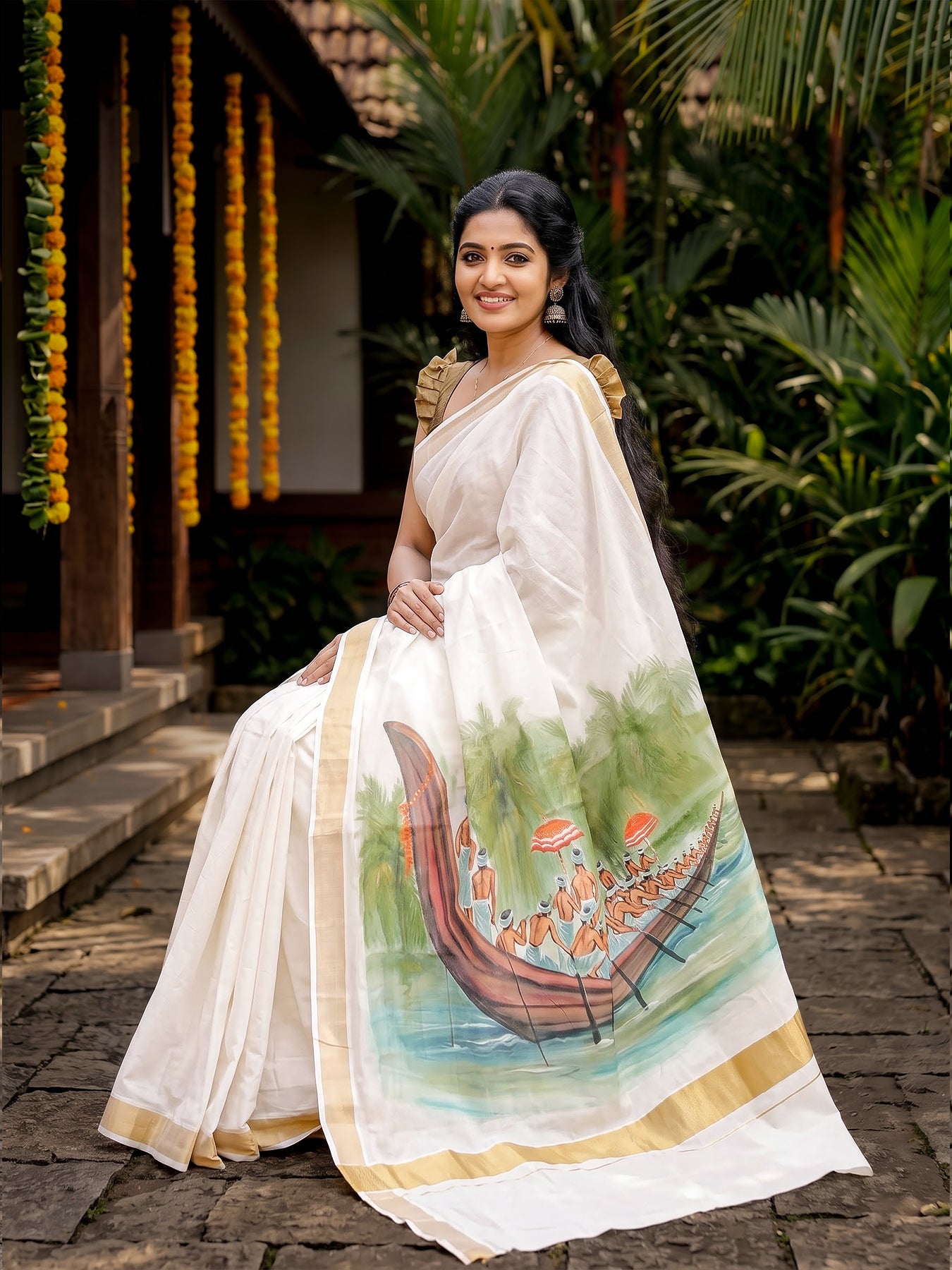 Vallam Kali Hand Painted Shirt and Saree Couple Combo