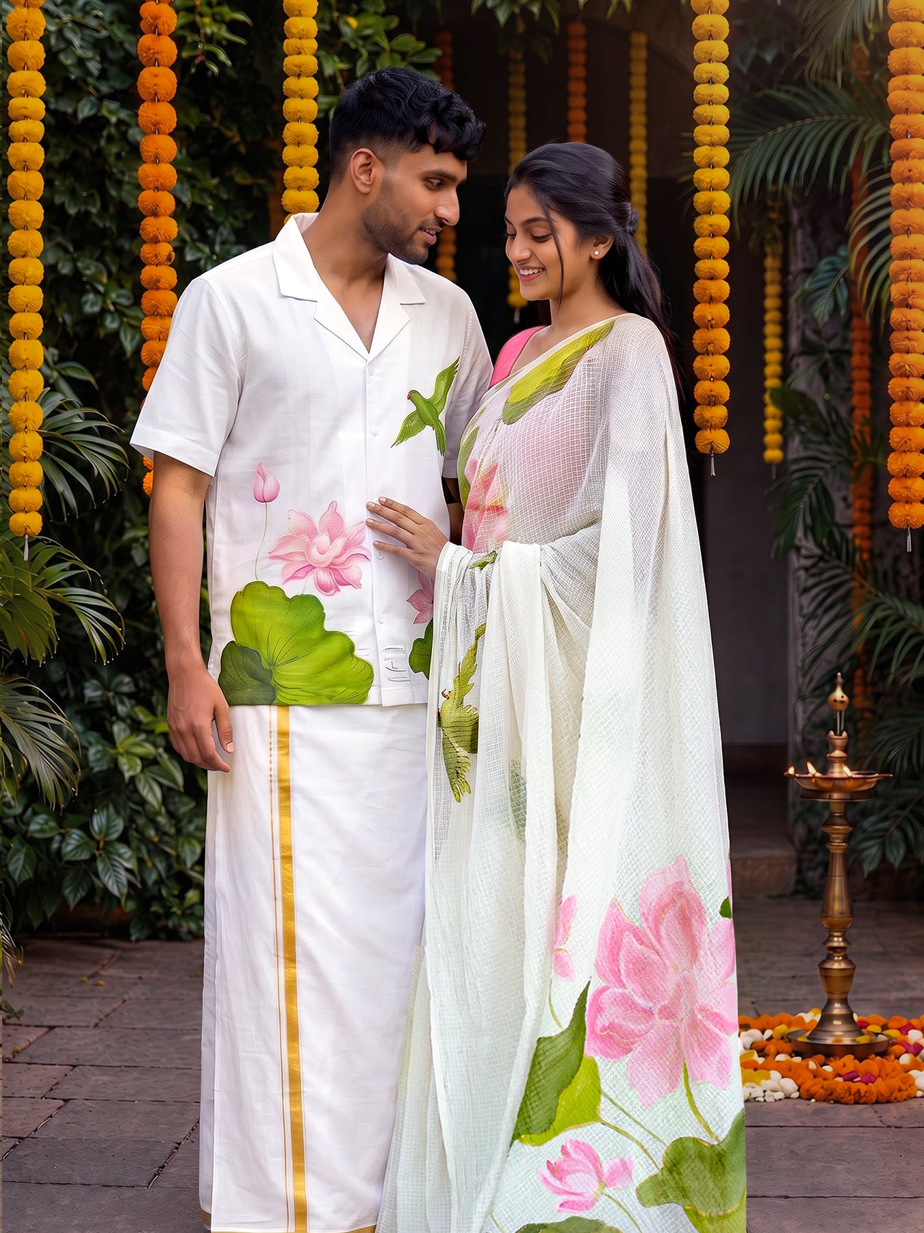Lotus Bloom Hand Painted Shirt and Saree Couple Combo