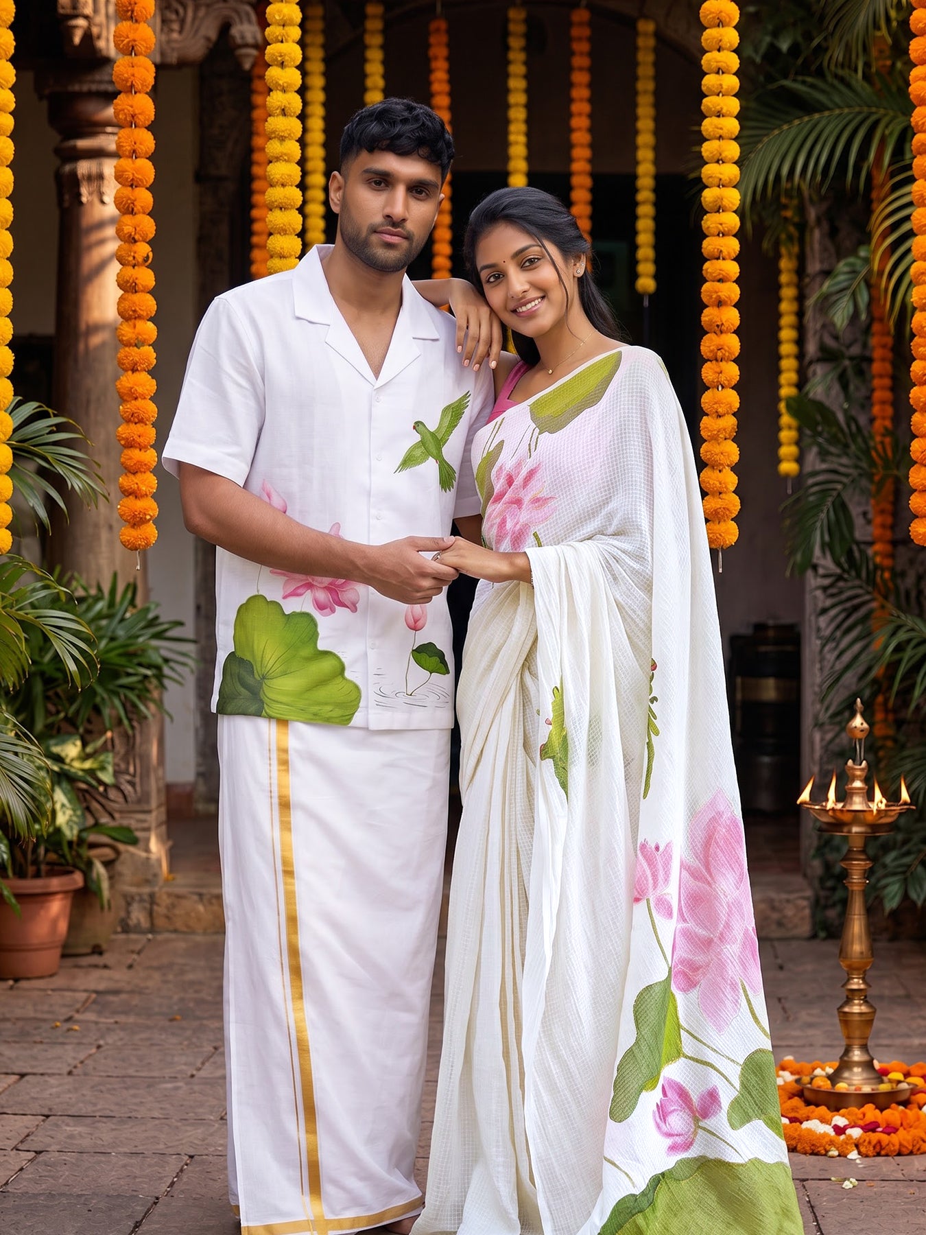 Lotus Bloom Hand Painted Shirt and Saree Couple Combo