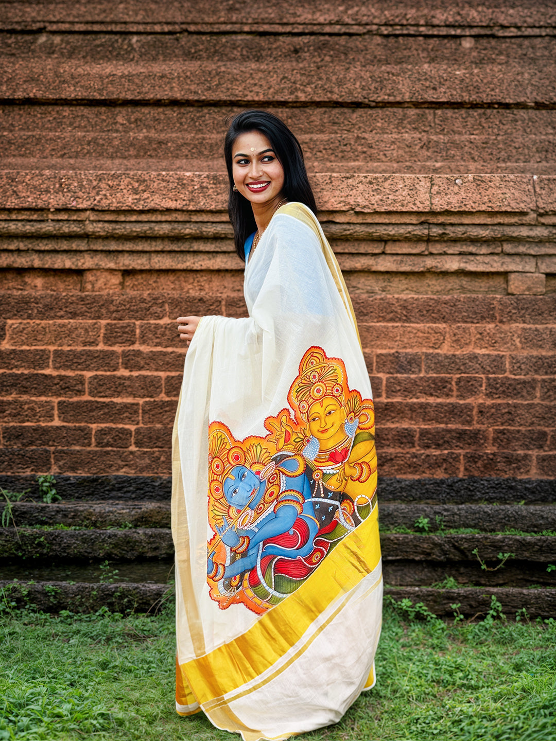 Hand painted mural saree Krishna Radha – golden border off-white Kerala cotton