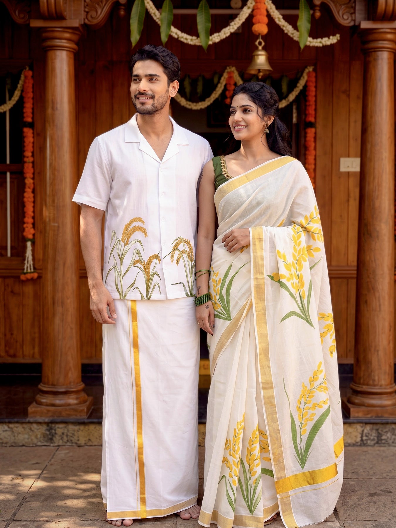 Nelkathir Hand Painted Shirt and Saree Couple Combo