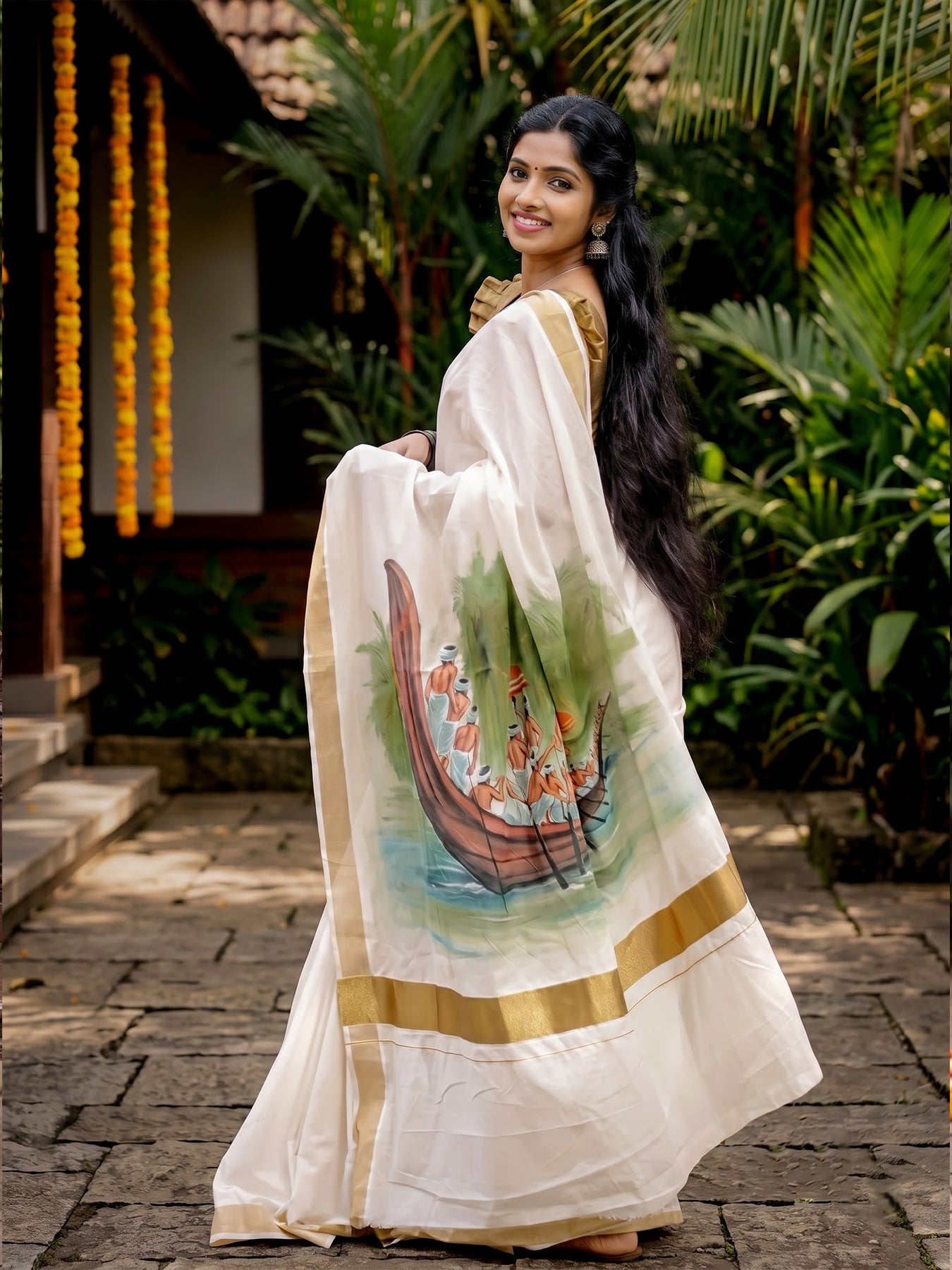 Vallam Kali Hand Painted Shirt and Saree Couple Combo