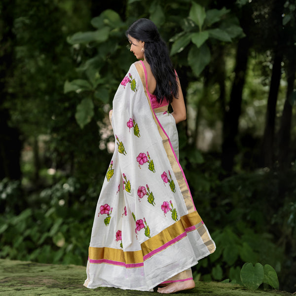 Chembarathi Poo Hand Painted Kerala Saree