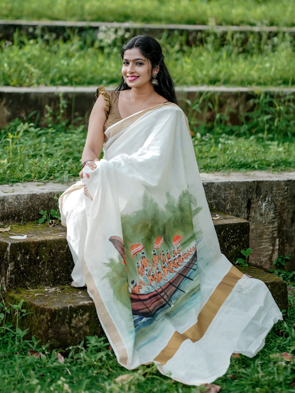 Vallam Kali Kerala Mural Hand Painted Saree