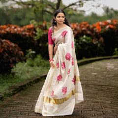 Pink Lotus Hand Painted Kerala Saree