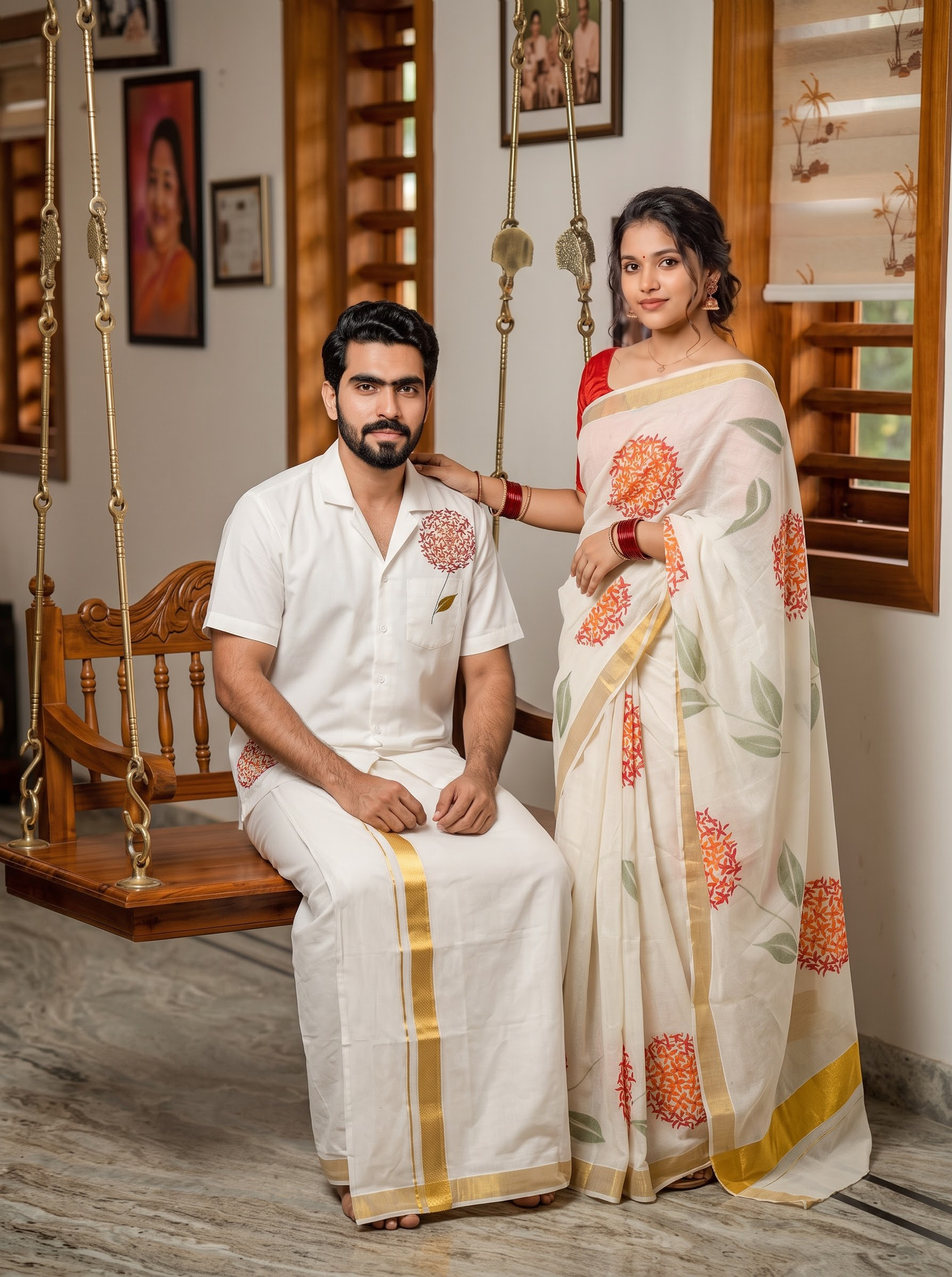 Chethi Poo Hand Painted Shirt and Saree Couple Combo