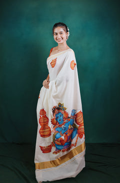 Little Krishna Kerala Mural Hand Painted Saree