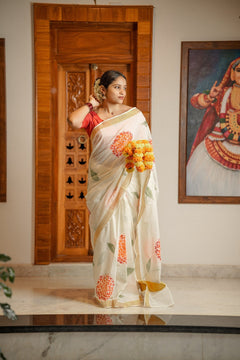 Chethi Poo Hand-Painted Kerala Cotton Saree
