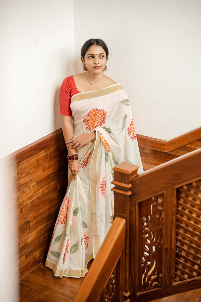 Chethi Poo Hand-Painted Kerala Saree (Onam Special)