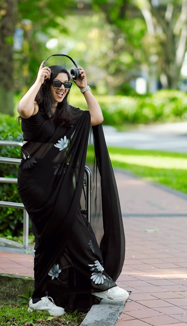 Black Lotus Hand Painted Kerala Saree