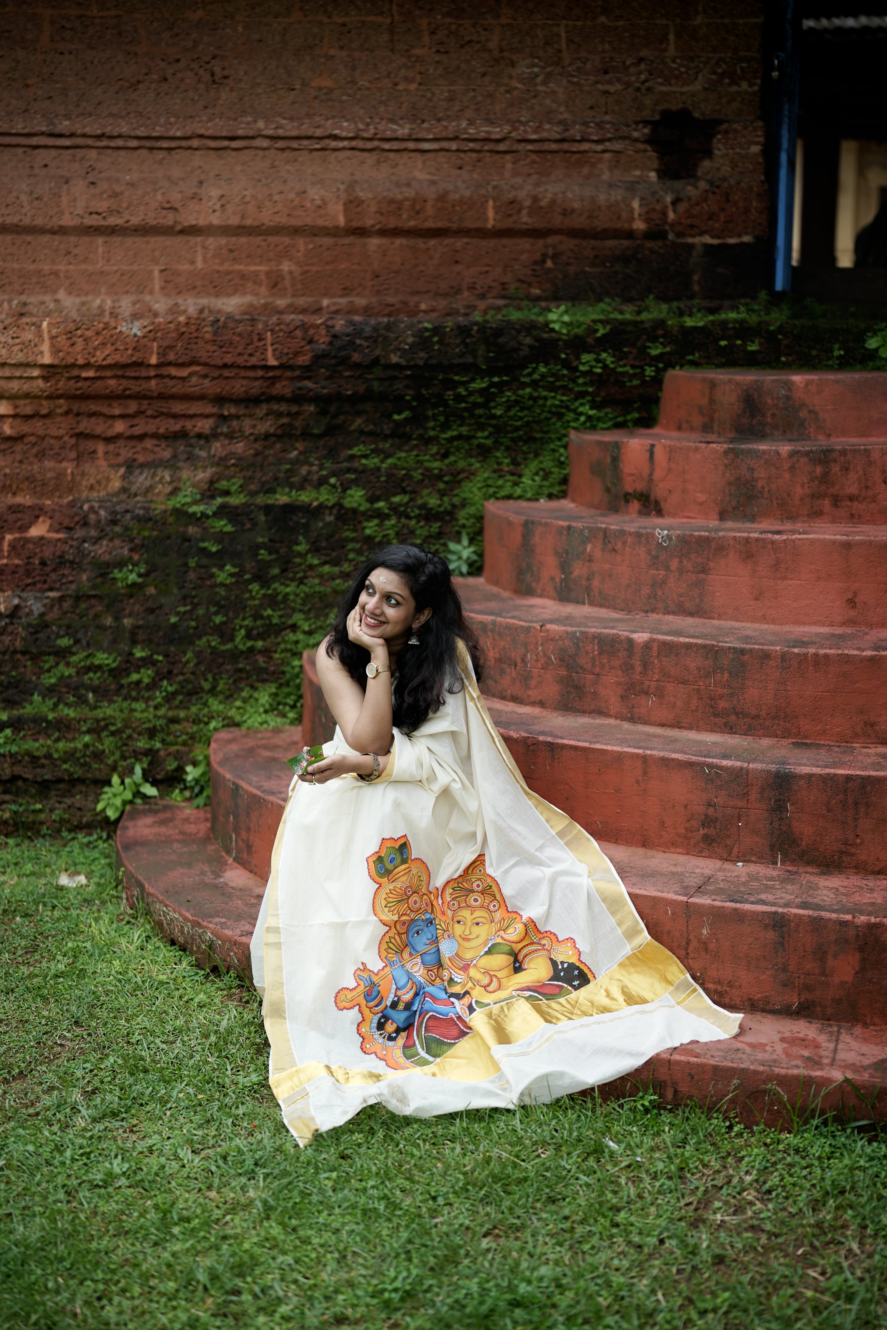 Krishna Radha Kerala Mural Hand-Painted Cotton Saree