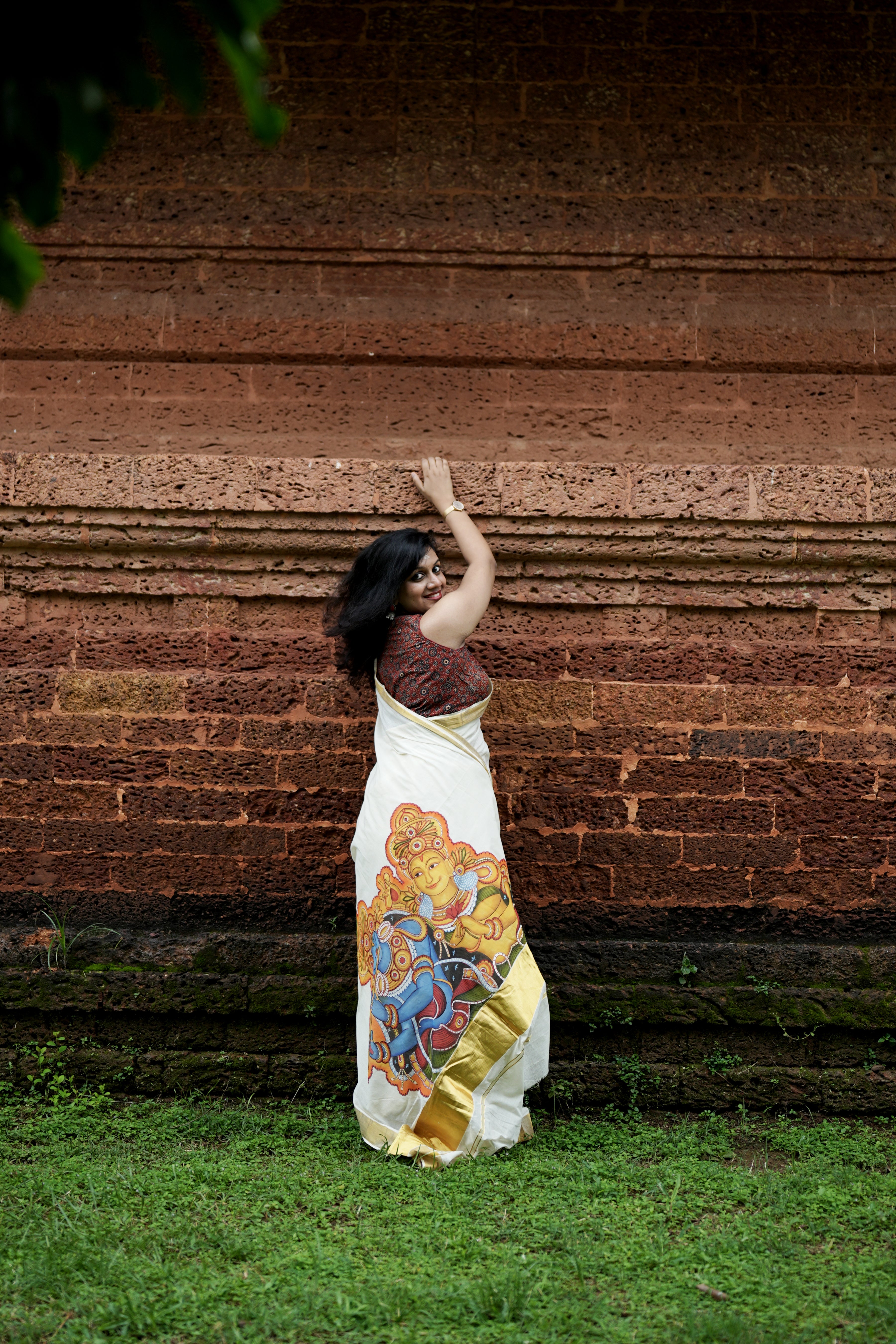 Krishna Radha Kerala Mural Hand-Painted Cotton Saree