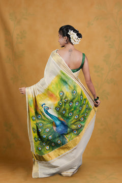 Royal Peacock Hand Painted Kerala Saree