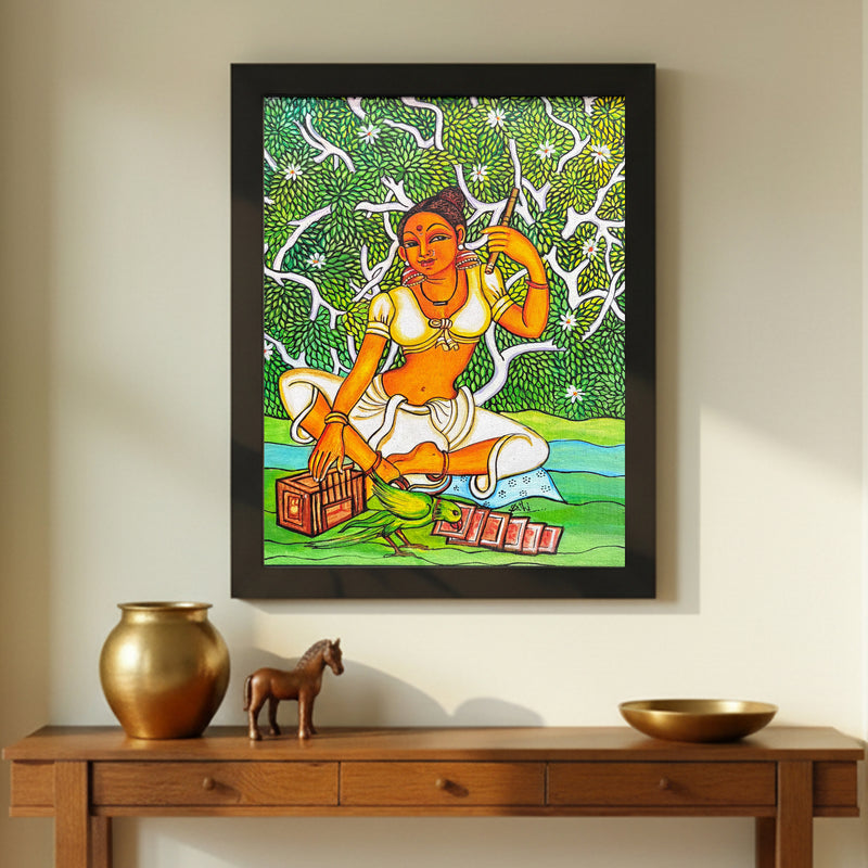 The Parrot and the Maiden - Kerala  Mural Painting