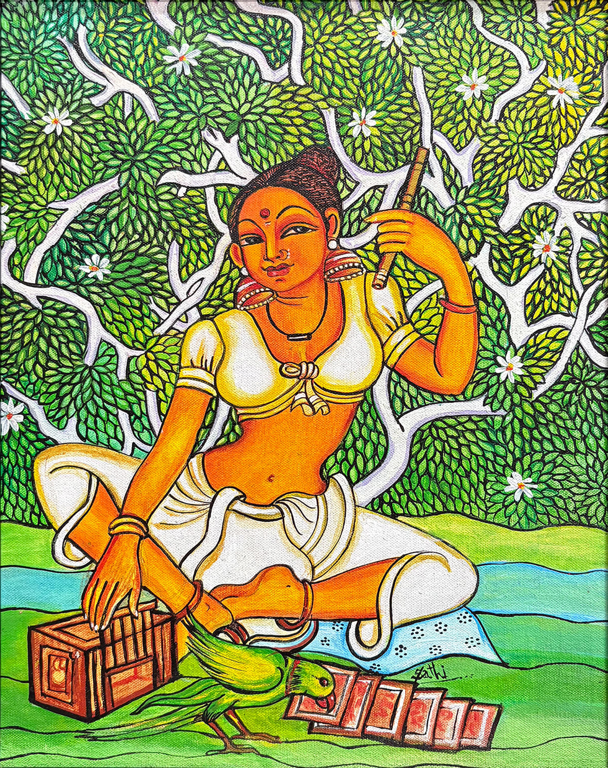 The Parrot and the Maiden - Kerala  Mural Painting