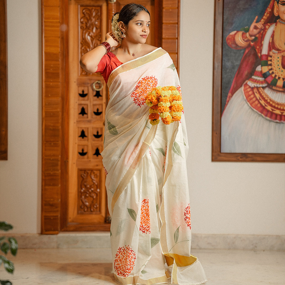 Chethi Poo Hand Painted Shirt and Saree Couple Combo