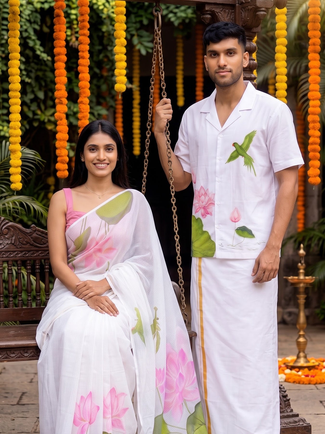 Lotus Bloom Hand Painted Shirt and Saree Couple Combo