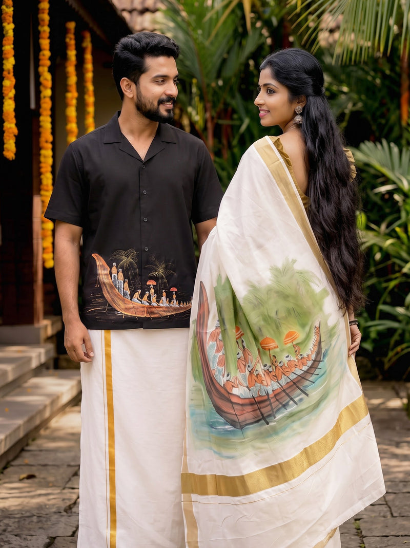 Vallam Kali Hand Painted Shirt and Saree Couple Combo