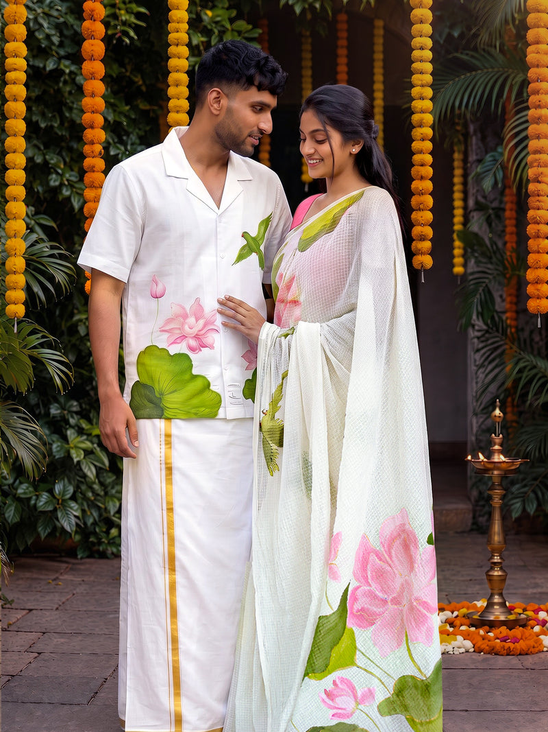 Lotus Bloom Hand Painted Shirt and Saree Couple Combo