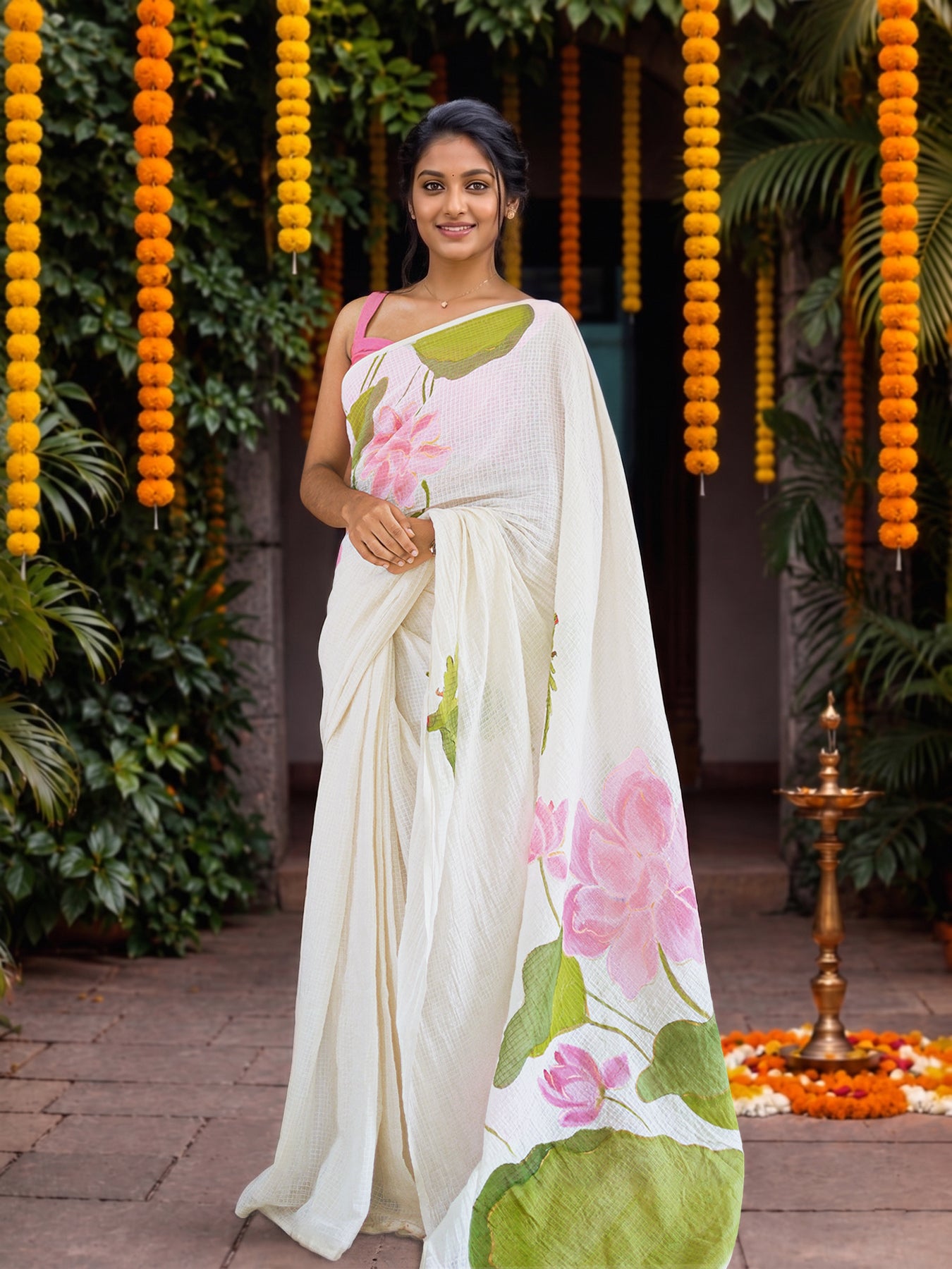 Lotus Bloom Hand Painted Shirt and Saree Couple Combo
