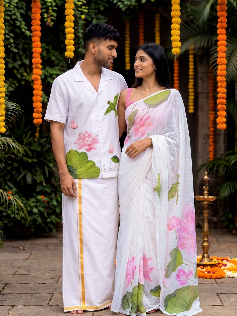 Lotus Bloom Hand Painted Shirt and Saree Couple Combo