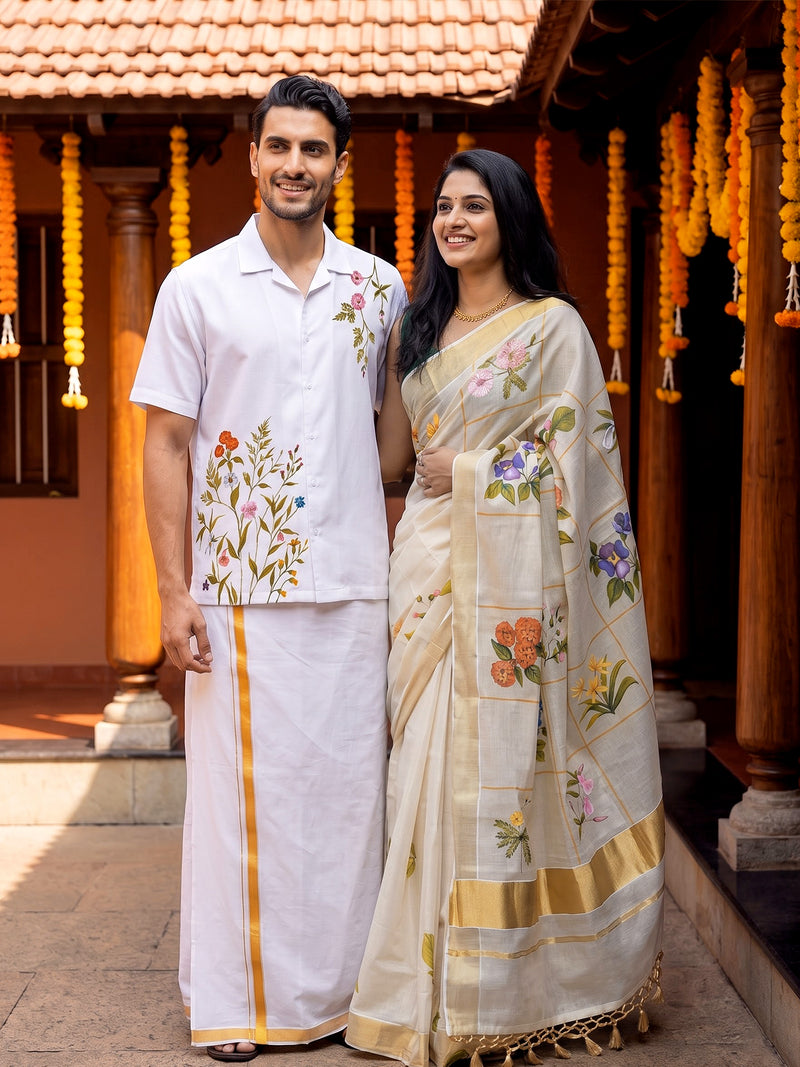 Dashapushpam Hand Painted Shirt and Saree Couple Combo