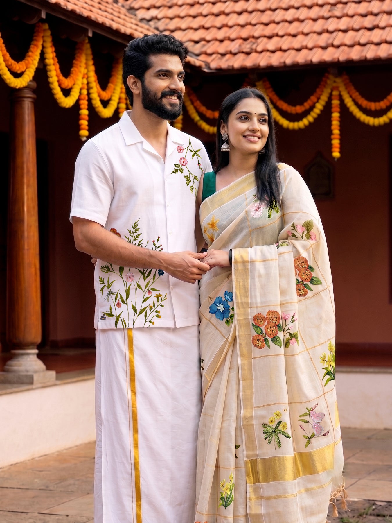 Dashapushpam Hand Painted Shirt and Saree Couple Combo