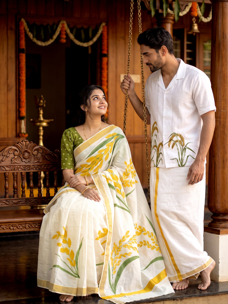 Nelkathir Hand Painted Shirt and Saree Couple Combo