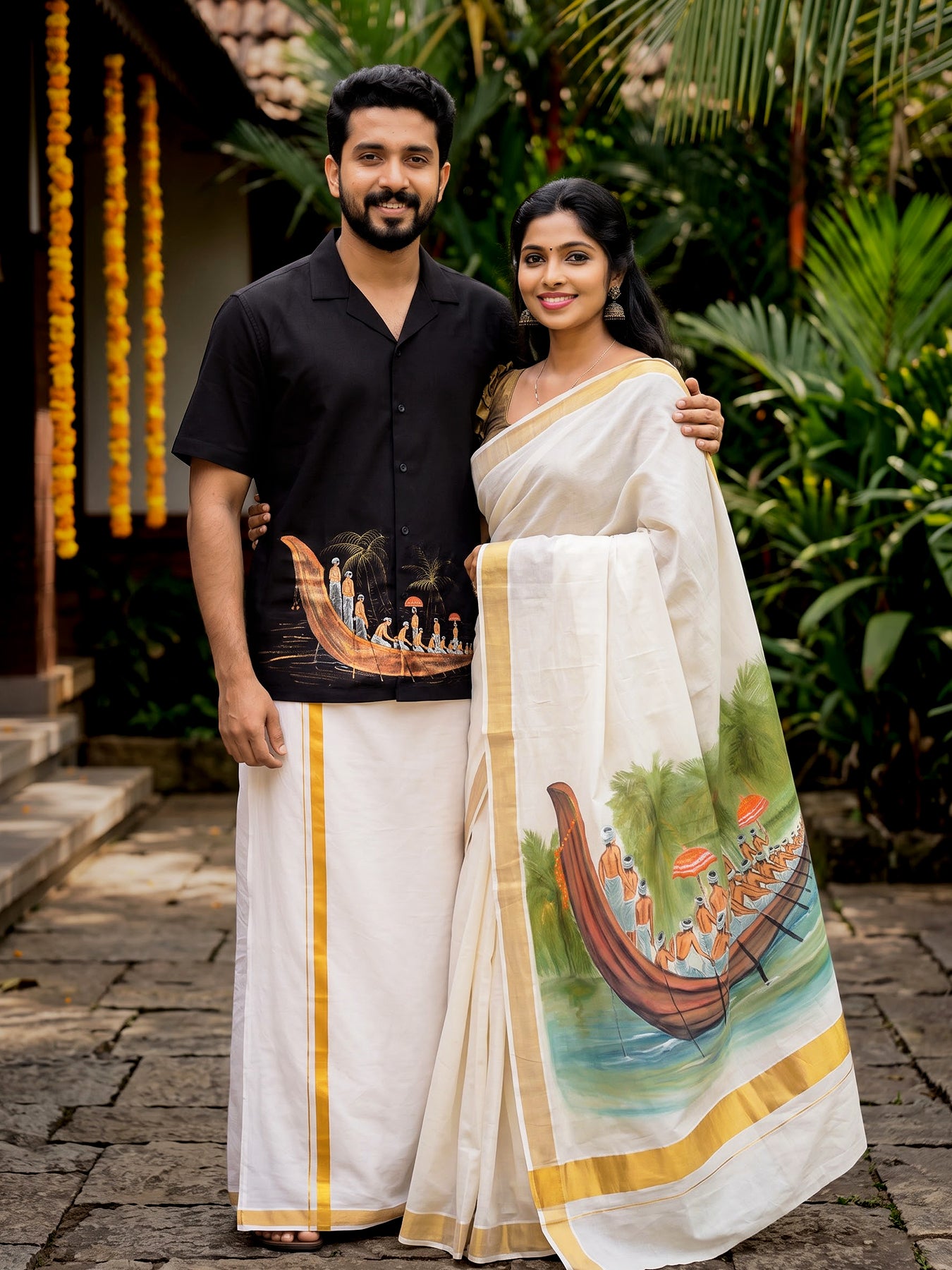 Vallam Kali Hand Painted Shirt and Saree Couple Combo