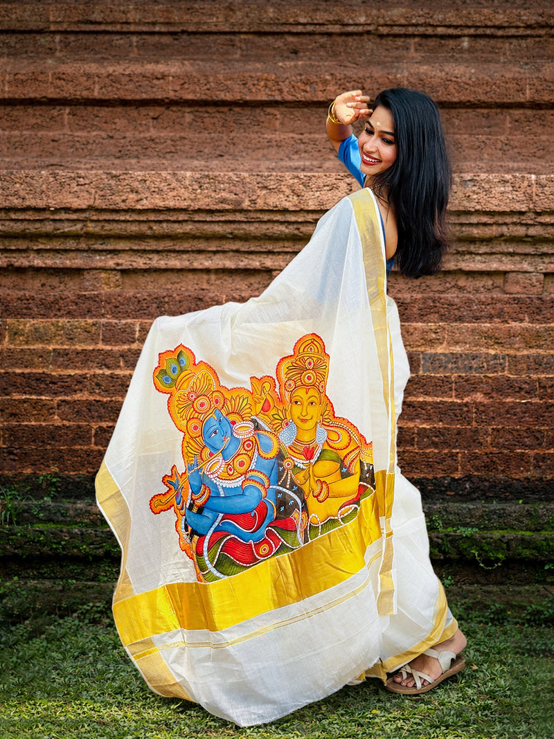 Krishna Radha Kerala Mural Hand-Painted Cotton Saree
