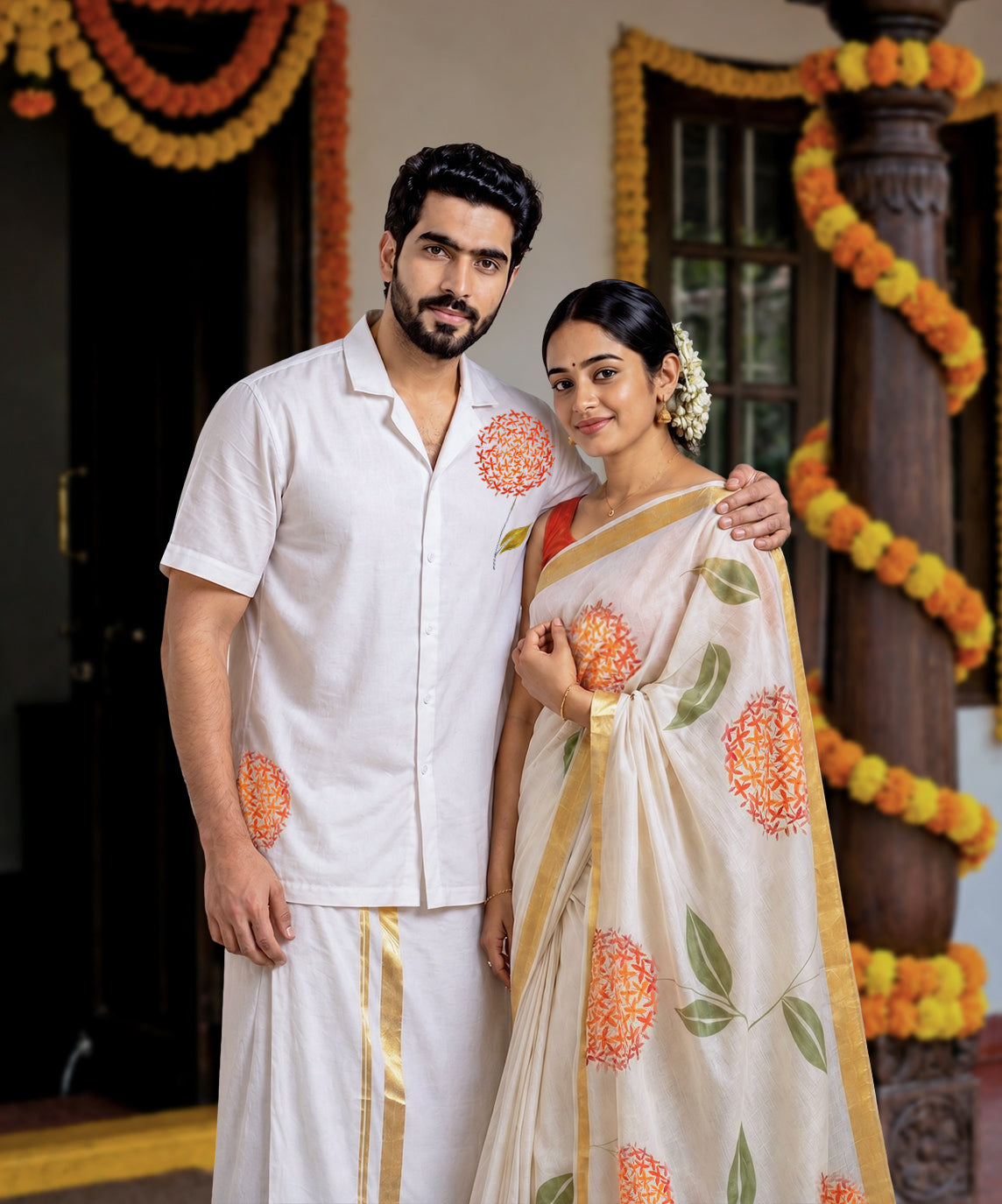 Chethi Poo Hand Painted Shirt and Saree Couple Combo