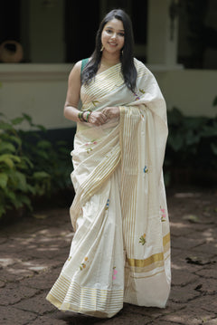 Dashapushpa Lekhini Hand Painted Kerala Saree