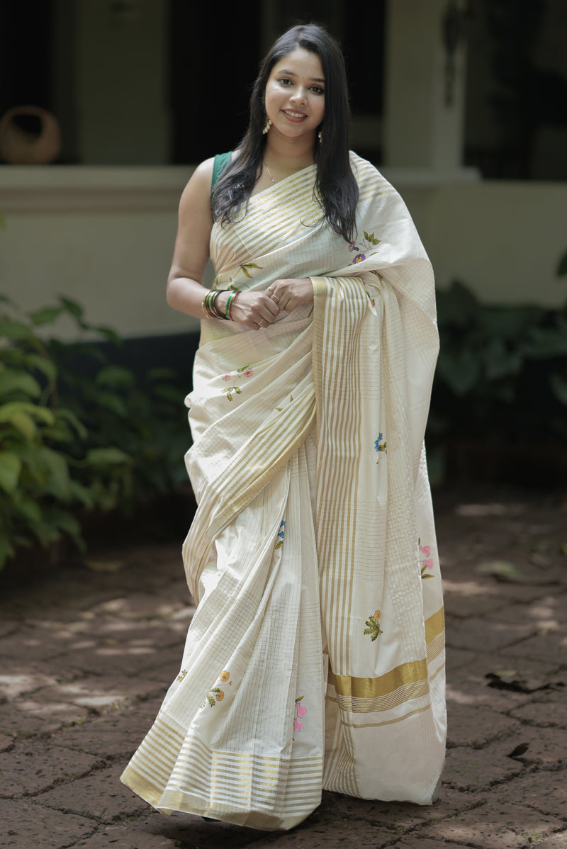 Dashapushpa Lekhini Hand Painted Kerala Saree
