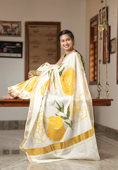 Jamanthi Poo (Marigold) Hand Painted Kerala Cotton Set Saree