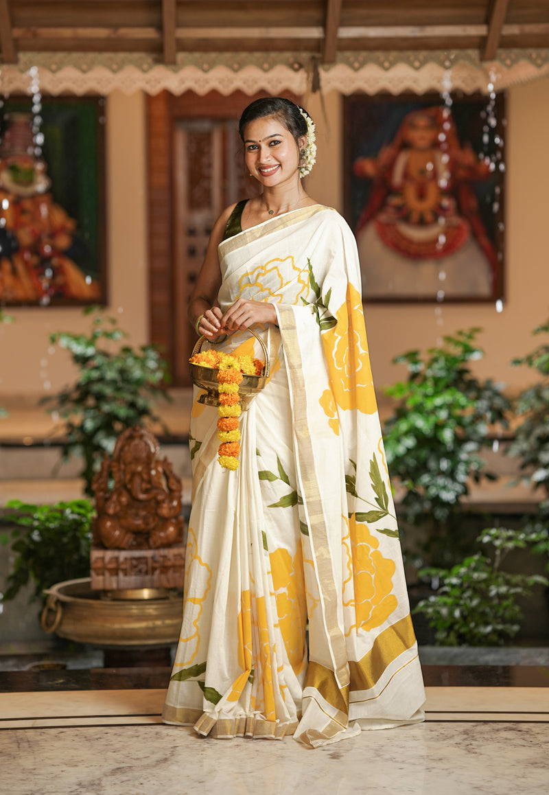 Jamanthi Poo Hand-Painted Kerala Set Saree (Onam Special)