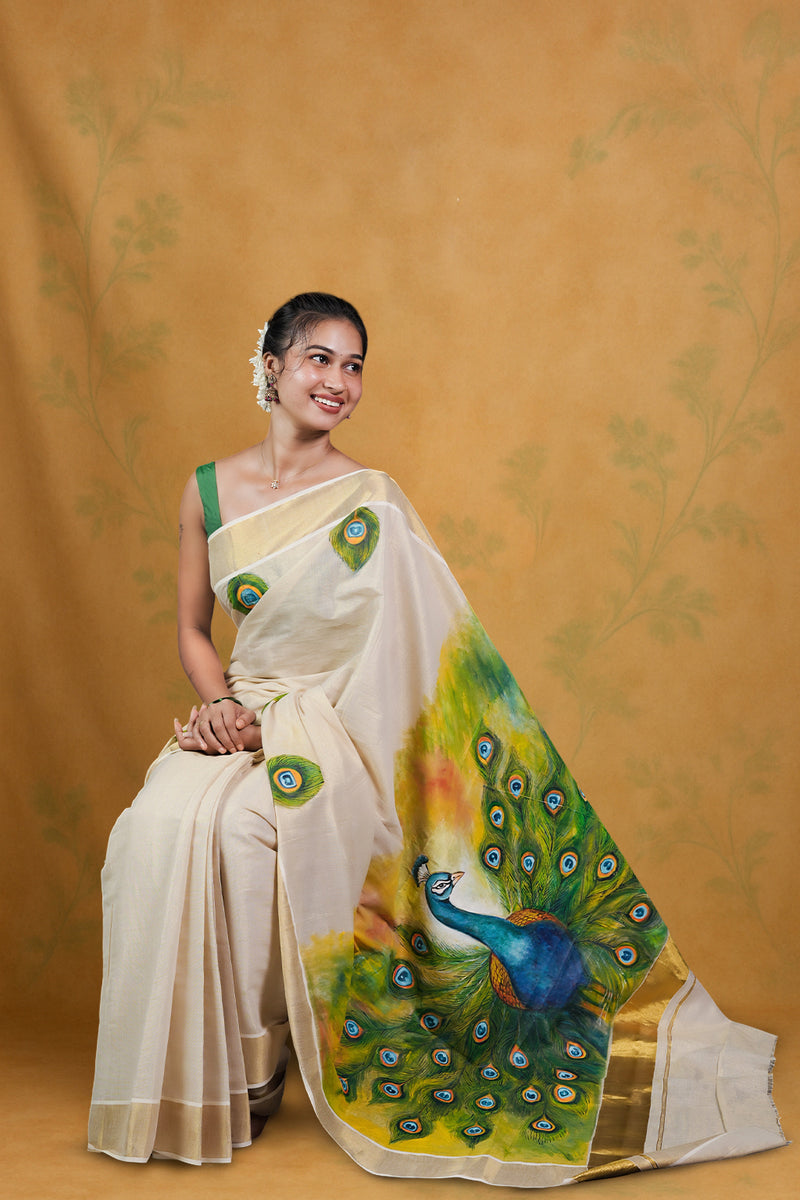 Royal Peacock Hand-Painted Saree