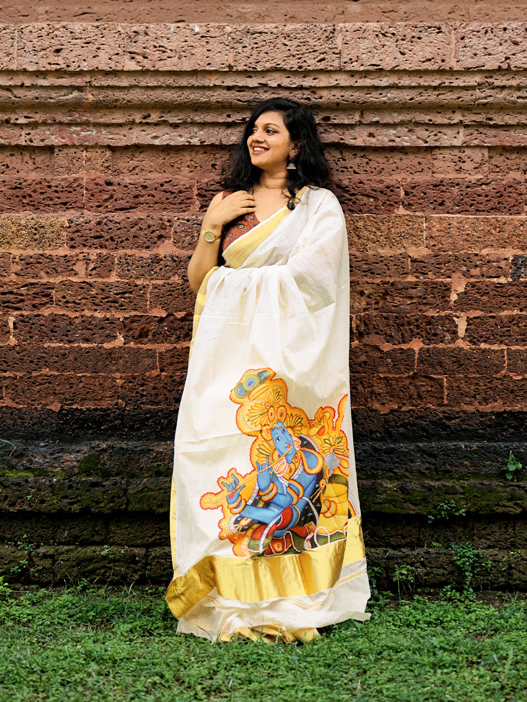 Krishna Radha Hand Painted Kerala Cotton Saree – Mural Painting