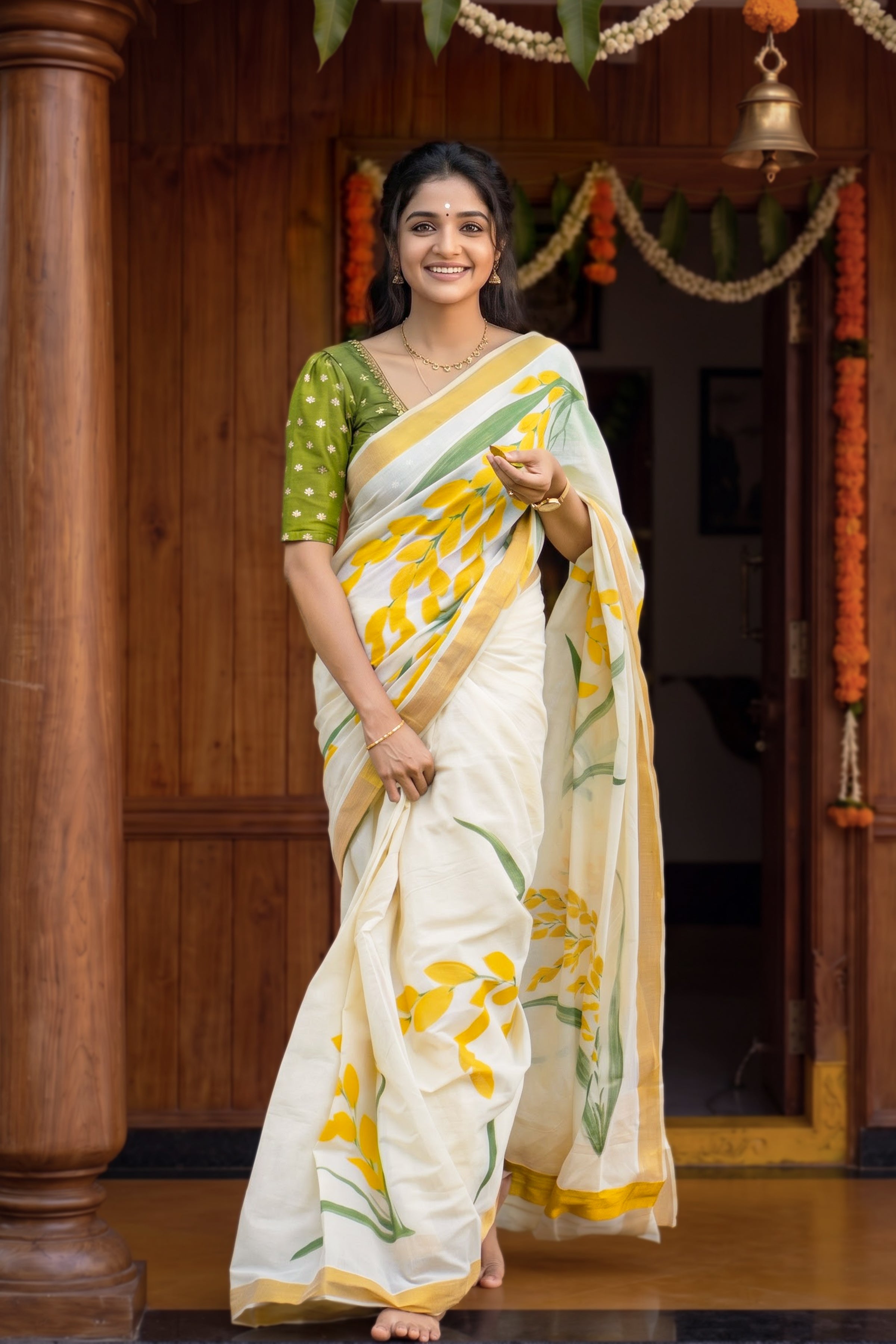 Nelkathir Hand Painted Shirt and Saree Couple Combo